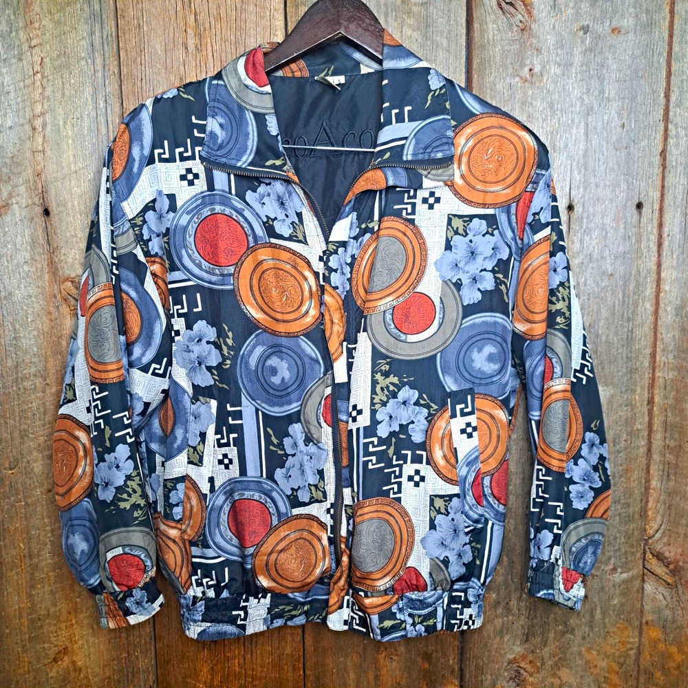Vintage Art-to-Wear 90's 100% Silk Bomber Jacket COACO Women S Geometric